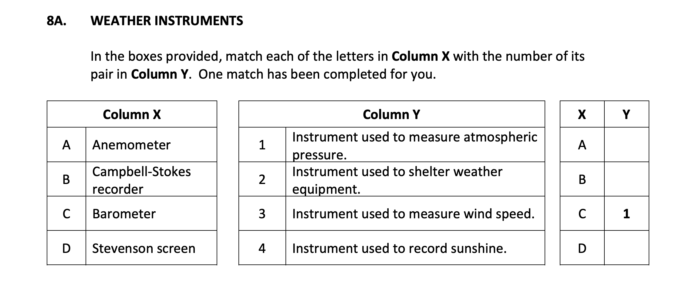 WEATHER-INSTRUMENTS--In-the-boxes-provided,-match-each-of-the-letters-in-Column-X-with-the-number-of-its-pair-in-Column-Y-Junior Cycle Geography-Question 8A-2017.png