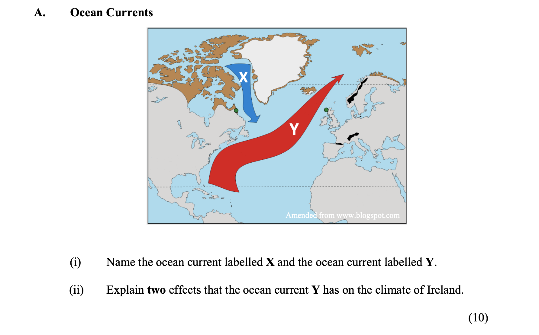 1.-Name-the-ocean-current-labelled-X-and-the-ocean-current-labelled-Y-Junior Cycle Geography-Question A-2016.png