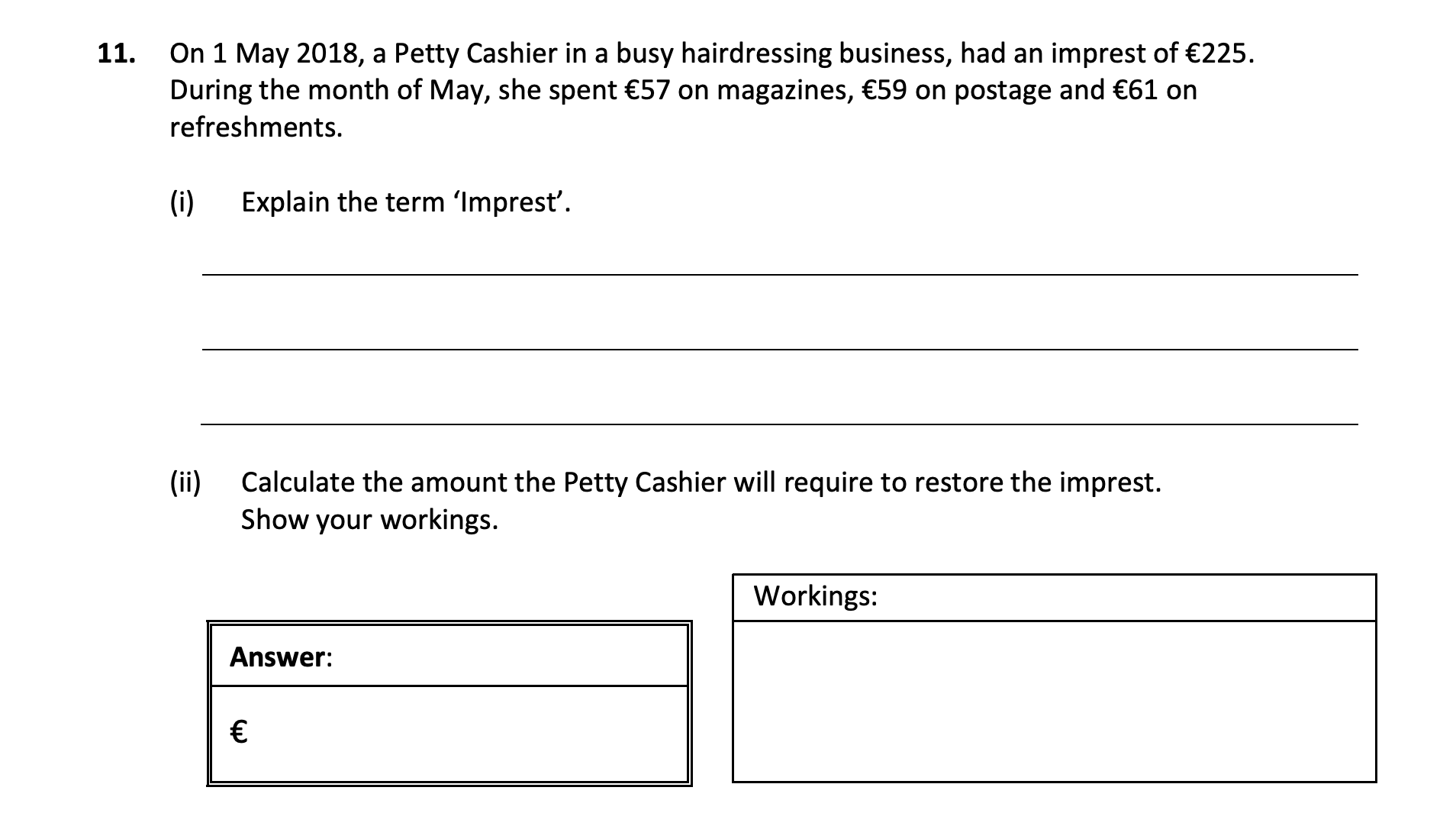 On-1-May-2018,-a-Petty-Cashier-in-a-busy-hairdressing-business,-had-an-imprest-of-€225-Junior Cycle Business Studies-Question 11-2018.png
