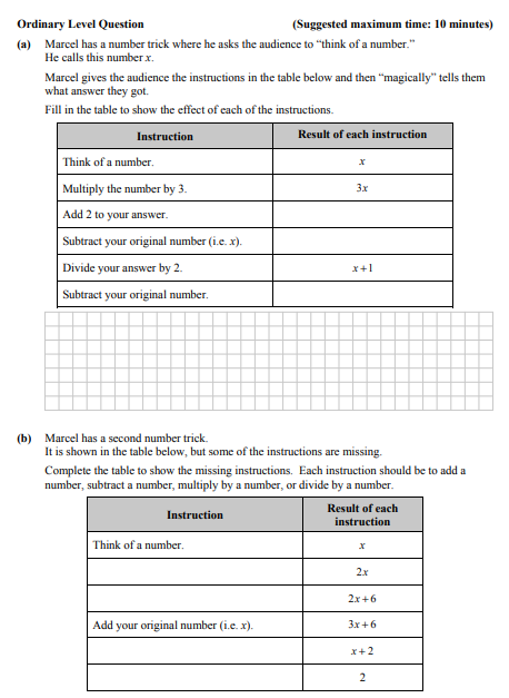 Marcel-has-a-number-trick-where-he-asks-the-audience-to-"think-of-a-number."---He-calls-this-number-x-Junior Cycle Mathematics-Question a-2015.png