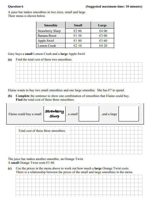 A-juice-bar-makes-smoothies-in-two-sizes,-small-and-large-Junior Cycle Mathematics-Question 6-2015.png