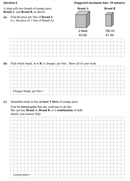 A-shop-sells-two-brands-of-orange-juice,-Brand-A-and-Brand-B,-as-shown-Junior Cycle Mathematics-Question 6-2016.png
