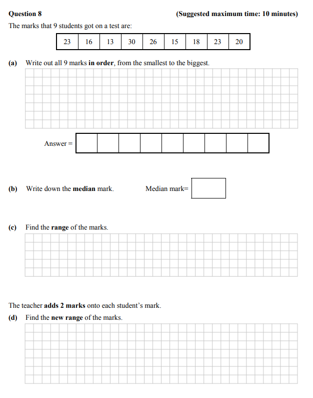 The-marks-that-9-students-got-on-a-test-are:--23-16-13-20-26-15-18-23-30--(a)-Write-out-all-9-marks-in-order,-from-the-smallest-to-the-biggest-Junior Cycle Mathematics-Question 8-2015.png