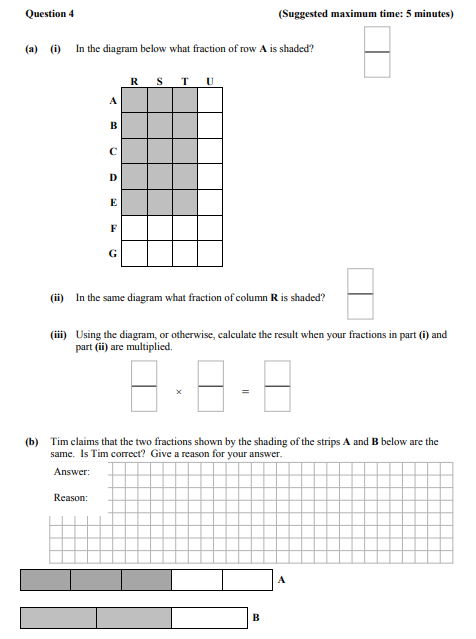 In-the-diagram-below-what-fraction-of-row-A-is-shaded?----In-the-same-diagram-what-fraction-of-column-R-is-shaded?----Using-the-diagram,-or-otherwise,-calculate-the-result-when-your-fractions-in-part-(i)-and-part-(ii)-are-multiplied-Junior Cycle Mathematics-Question 4-2014.png
