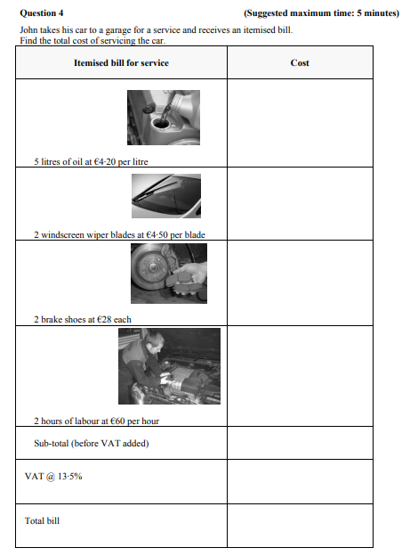 John-takes-his-car-to-a-garage-for-a-service-and-receives-an-itemised-bill-Junior Cycle Mathematics-Question 4-2012.png