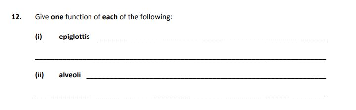 Give-one-function-of-each-of-the-following:--(i)-epiglottis-_______________--(ii)-alveoli-_______________-Junior Cycle Home Economics-Question 12-2019.png