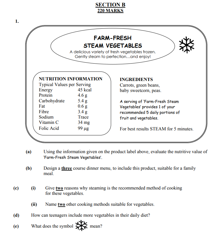 Using-the-information-given-on-the-product-label,-evaluate-the-nutritive-value-of-'Farm-Fresh-Steam-Vegetables'-Junior Cycle Home Economics-Question 1-2007.png