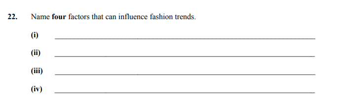 Name-four-factors-that-can-influence-fashion-trends-Junior Cycle Home Economics-Question 22-2016.png