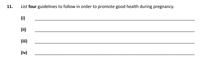 List-four-guidelines-to-follow-in-order-to-promote-good-health-during-pregnancy-Junior Cycle Home Economics-Question 11-2019.png