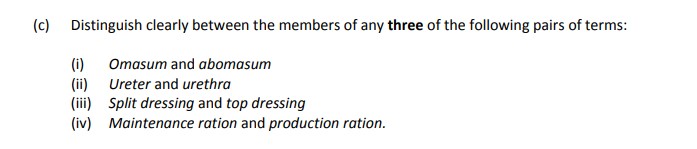 Distinguish-clearly-between-the-members-of-any-three-of-the-following-pairs-of-terms:--(i)-Omasum-and-abomasum--(ii)-Ureter-and-urethra--(iii)-Split-dressing-and-top-dressing--(iv)-Maintenance-ration-and-production-ration.-Leaving Cert Agricultural Science-Question c-2019.png