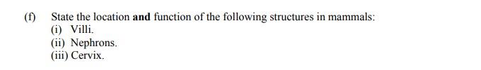 State-the-location-and-function-of-the-following-structures-in-mammals:--(i)-Villi-Leaving Cert Agricultural Science-Question f-2016.png