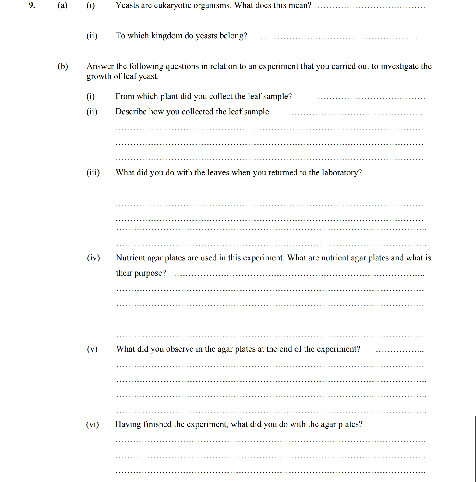 9.-(a)-(i)-Yeasts-are-eukaryotic-organisms-Leaving Cert Biology-Question 9-2005.png