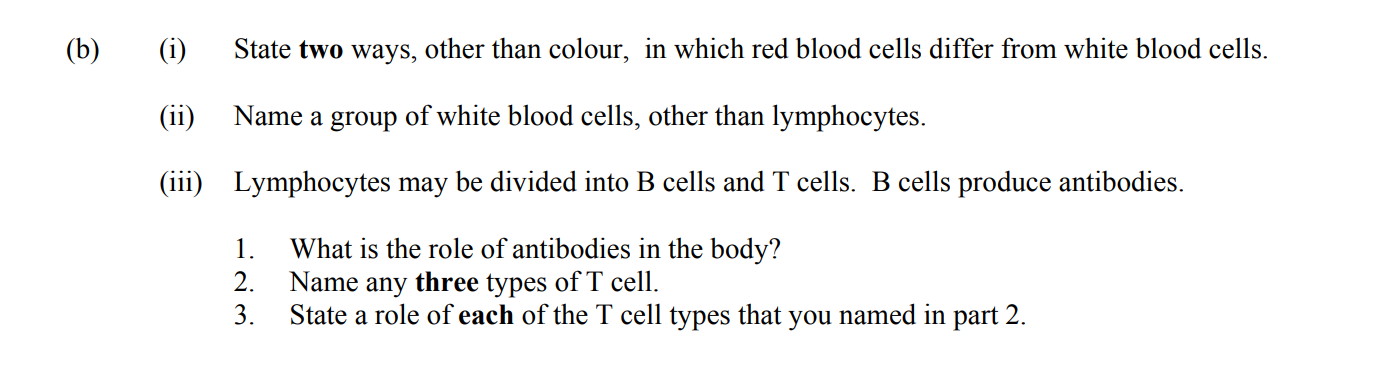 State-two-ways,-other-than-colour,-in-which-red-blood-cells-differ-from-white-blood-cells-Leaving Cert Biology-Question 15(b)-2012.png