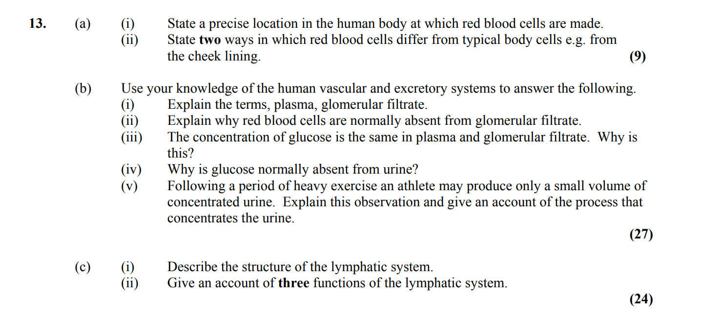 13.-(a)---(i)-State-a-precise-location-in-the-human-body-at-which-red-blood-cells-are-made-Leaving Cert Biology-Question 13-2006.png