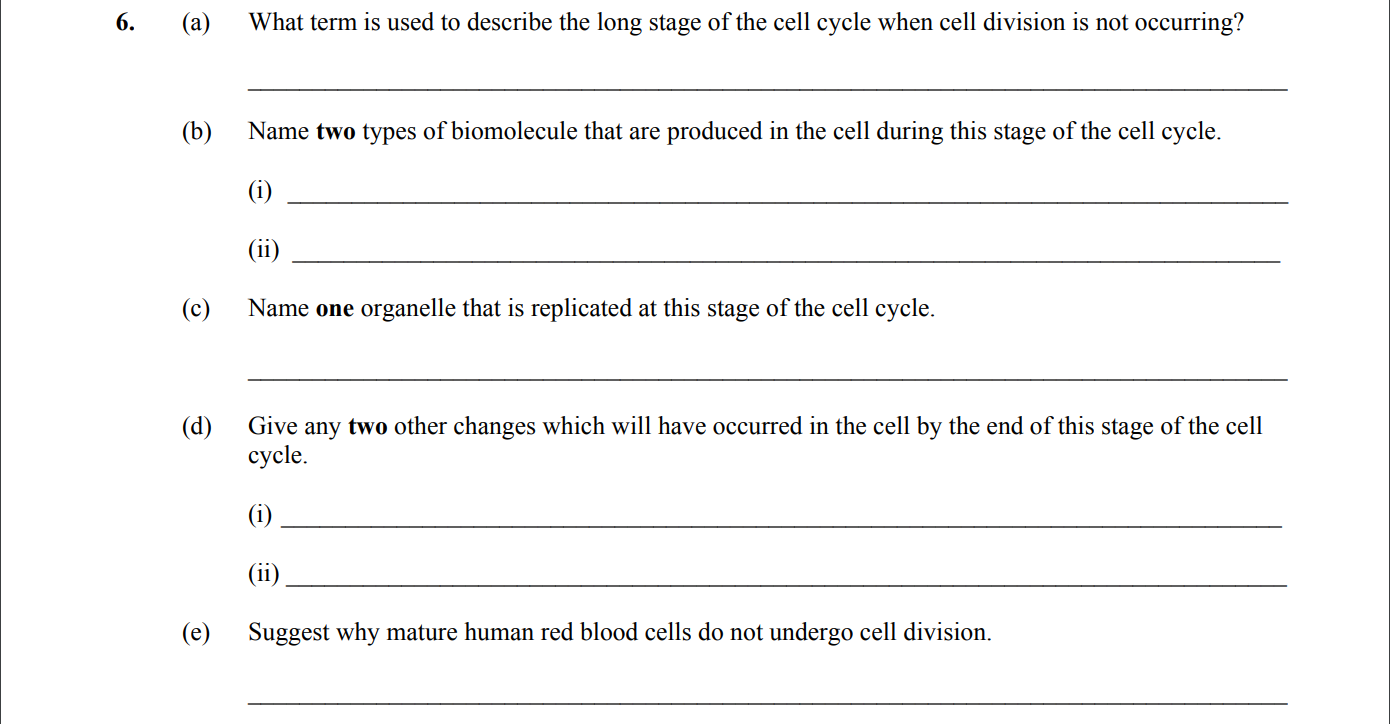 6.-(a)-What-term-is-used-to-describe-the-long-stage-of-the-cell-cycle-when-cell-division-is-not-occurring?----(b)-Name-two-types-of-biomolecule-that-are-produced-in-the-cell-during-this-stage-of-the-cell-cycle-Leaving Cert Biology-Question 6-2016.png