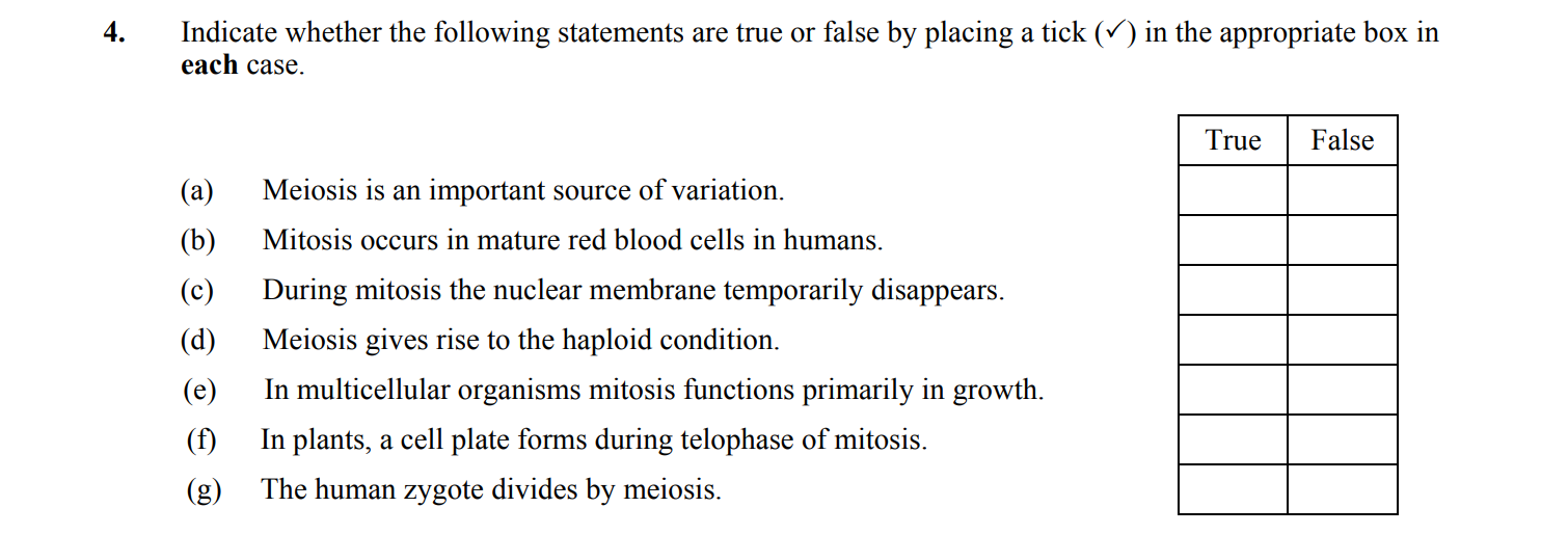 Indicate-whether-the-following-statements-are-true-or-false-by-placing-a-tick-(✓)-in-the-appropriate-box-in-each-case-Leaving Cert Biology-Question 4-2014.png