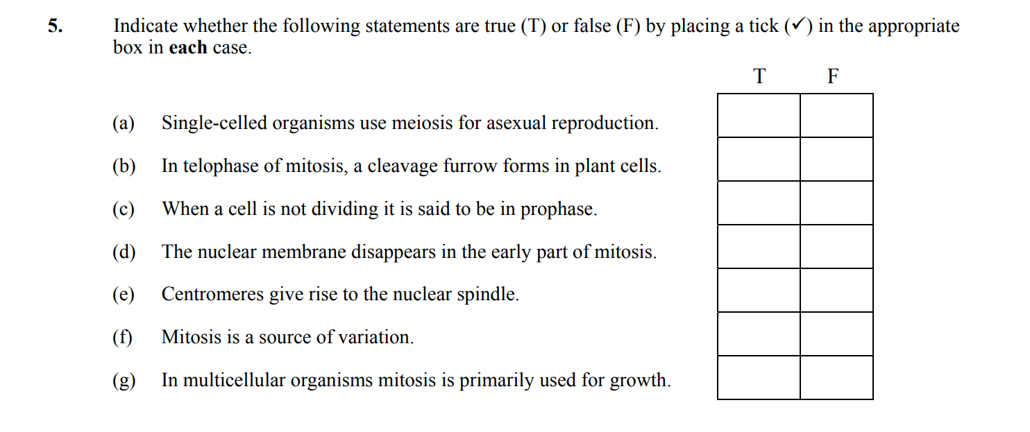 Indicate-whether-the-following-statements-are-true-(T)-or-false-(F)-by-placing-a-tick-(✓)-in-the-appropriate-box-in-each-case-Leaving Cert Biology-Question 5-2014.png