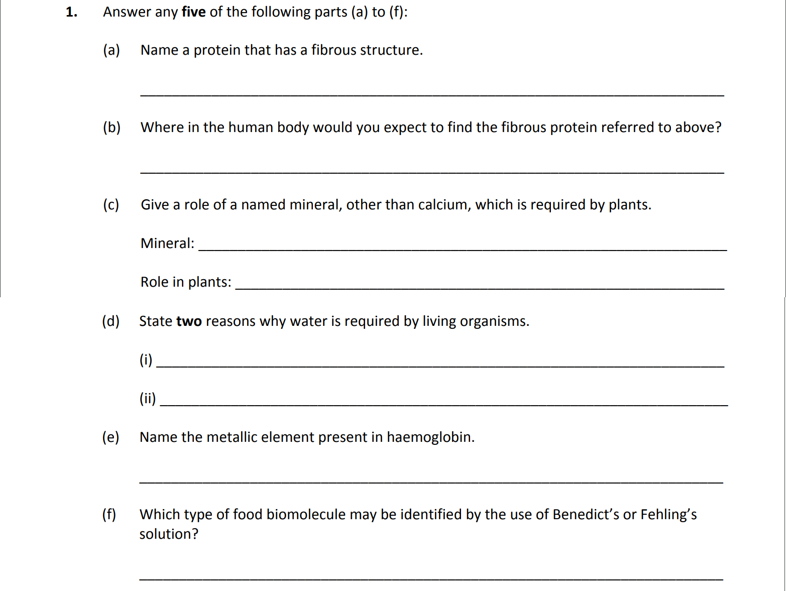 Answer-any-five-of-the-following-parts-(a)-to-(f):--(a)-Name-a-protein-that-has-a-fibrous-structure-Leaving Cert Biology-Question 1-2017.png