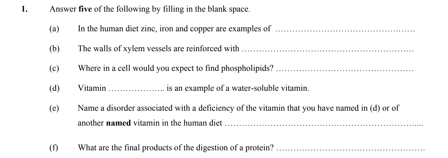 Answer-five-of-the-following-by-filling-in-the-blank-space-Leaving Cert Biology-Question 1-2006.png