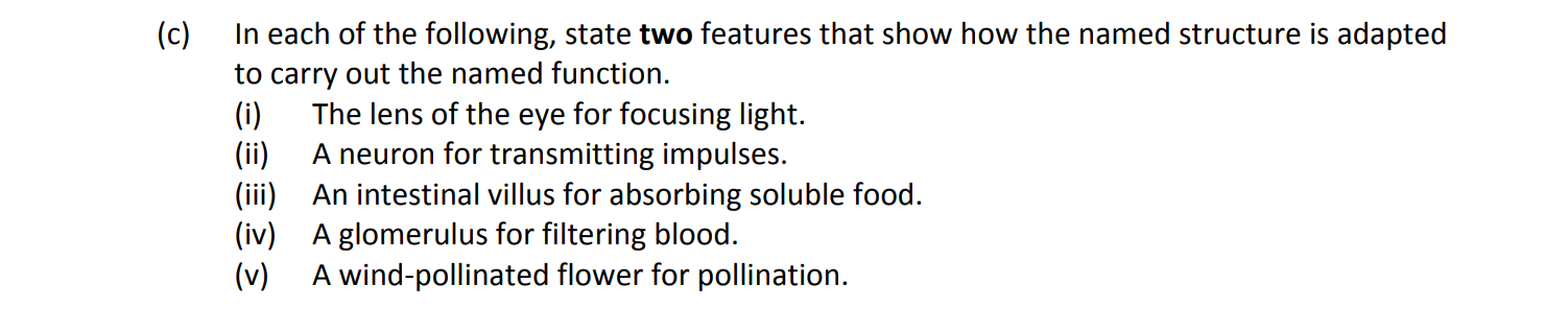 In-each-of-the-following,-state-two-features-that-show-how-the-named-structure-is-adapted-to-carry-out-the-named-function-Leaving Cert Biology-Question 14-2017.png