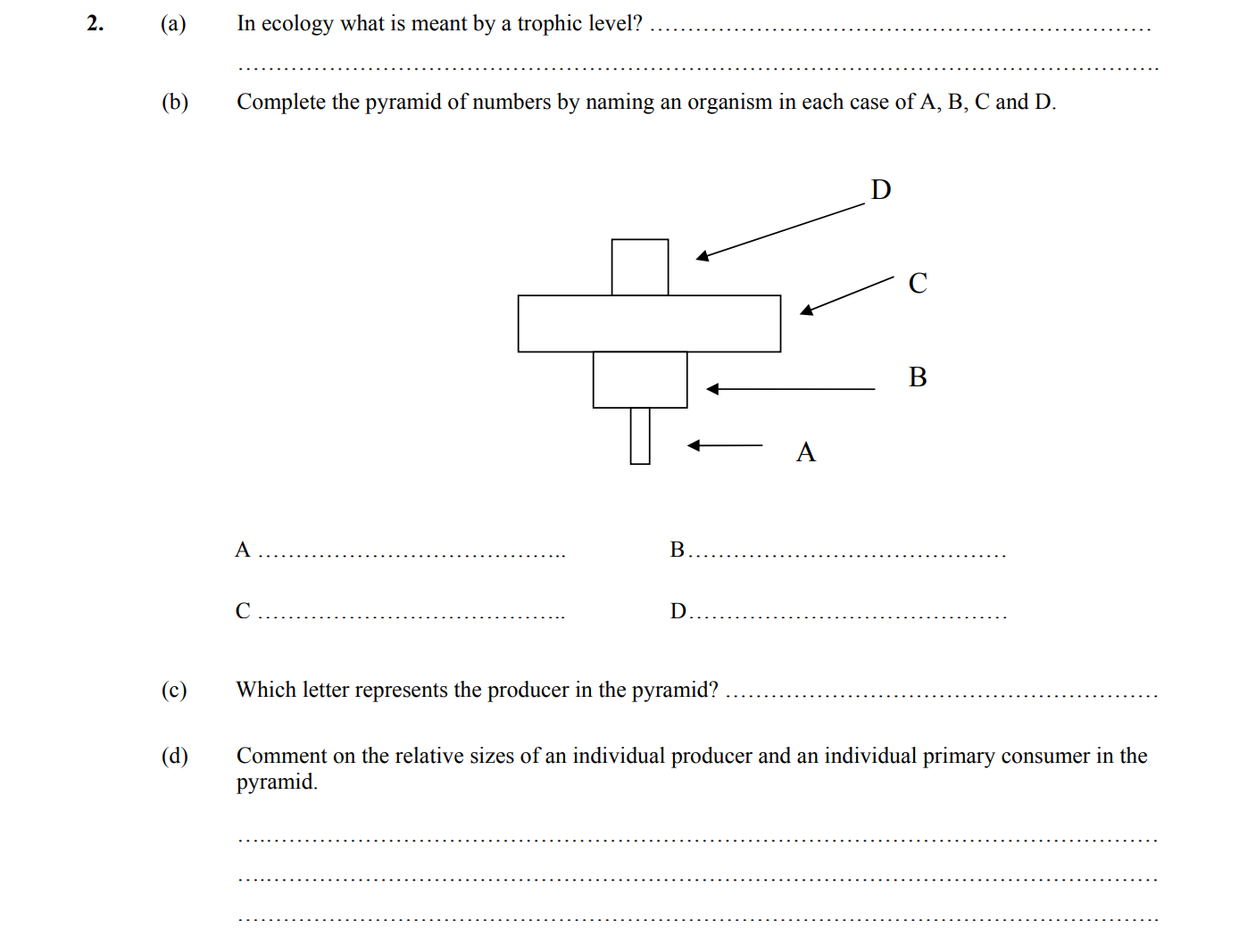 2.-(a)-In-ecology-what-is-meant-by-a-trophic-level?---(b)-Complete-the-pyramid-of-numbers-by-naming-an-organism-in-each-case-of-A,-B,-C-and-D-Leaving Cert Biology-Question 2-2007.png