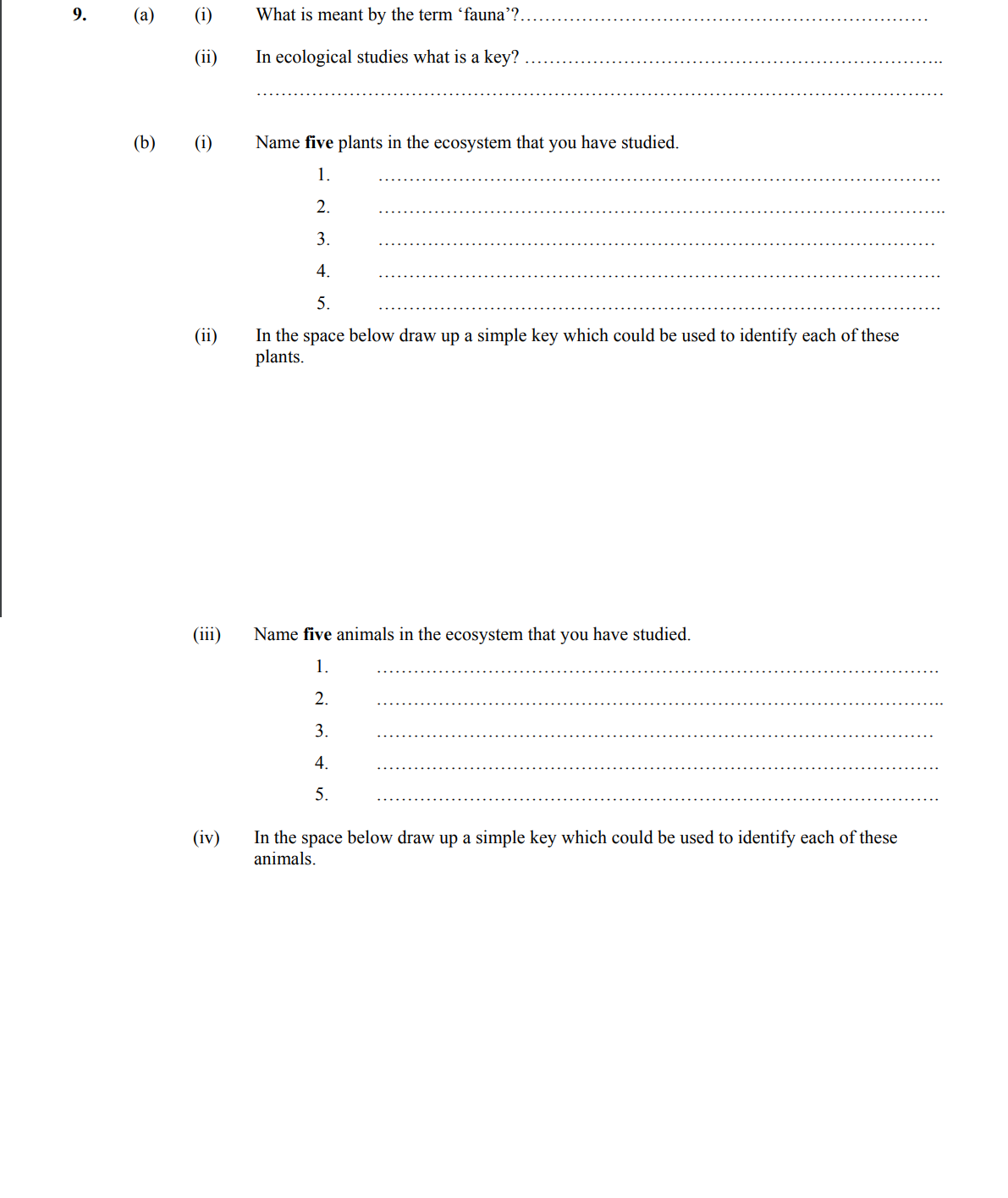 9.-(a)-(i)-What-is-meant-by-the-term-'fauna'?---(ii)-In-ecological-studies-what-is-a-key?---(b)-(i)-Name-five-plants-in-the-ecosystem-that-you-have-studied-Leaving Cert Biology-Question 9-2006.png