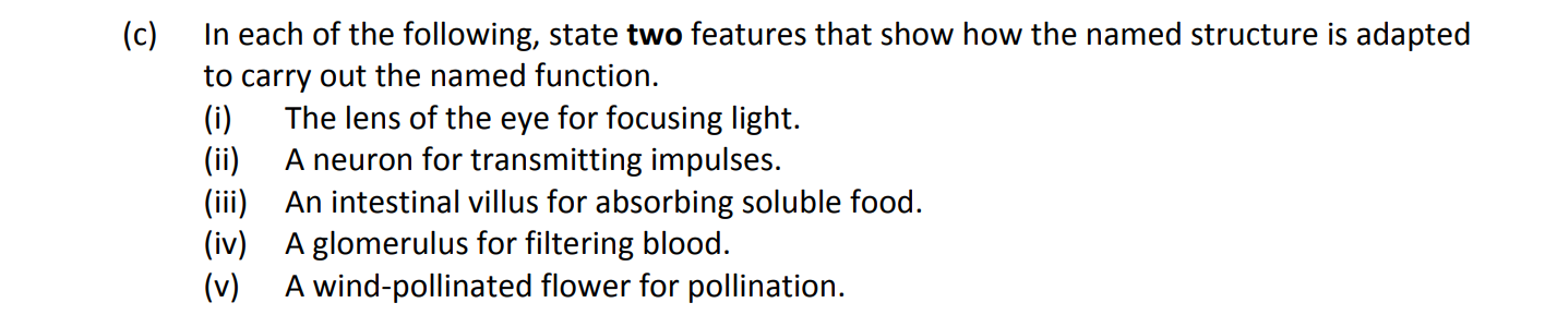In-each-of-the-following,-state-two-features-that-show-how-the-named-structure-is-adapted-to-carry-out-the-named-function-Leaving Cert Biology-Question 14(c)-2017.png