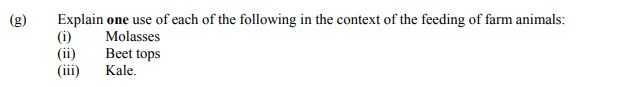 Explain-one-use-of-each-of-the-following-in-the-context-of-the-feeding-of-farm-animals:--(i)-Molasses--(ii)-Beet-tops--(iii)-Kale.-Leaving Cert Agricultural Science-Question g-2006.png