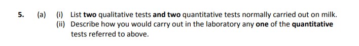 5.-(a)-(i)-List-two-qualitative-tests-and-two-quantitative-tests-normally-carried-out-on-milk-Leaving Cert Agricultural Science-Question 5-2017.png