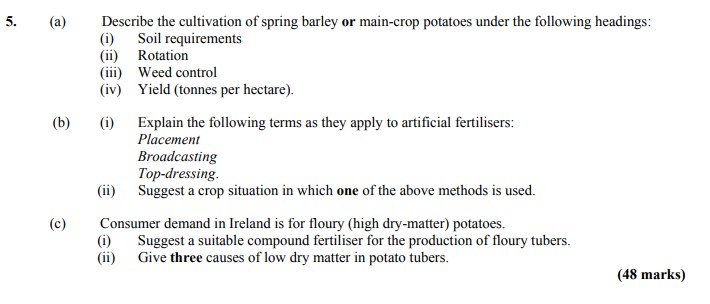 Describe-the-cultivation-of-spring-barley-or-main-crop-potatoes-under-the-following-headings:-(i)-Soil-requirements-(ii)-Rotation-(iii)-Weed-control-(iv)-Yield-(tonnes-per-hectare)-Leaving Cert Agricultural Science-Question 5-2009.png