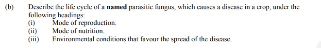 Describe-the-life-cycle-of-a-named-parasitic-fungus,-which-causes-a-disease-in-a-crop,-under-the-following-headings:-(i)-Mode-of-reproduction-Leaving Cert Agricultural Science-Question b-2006.png