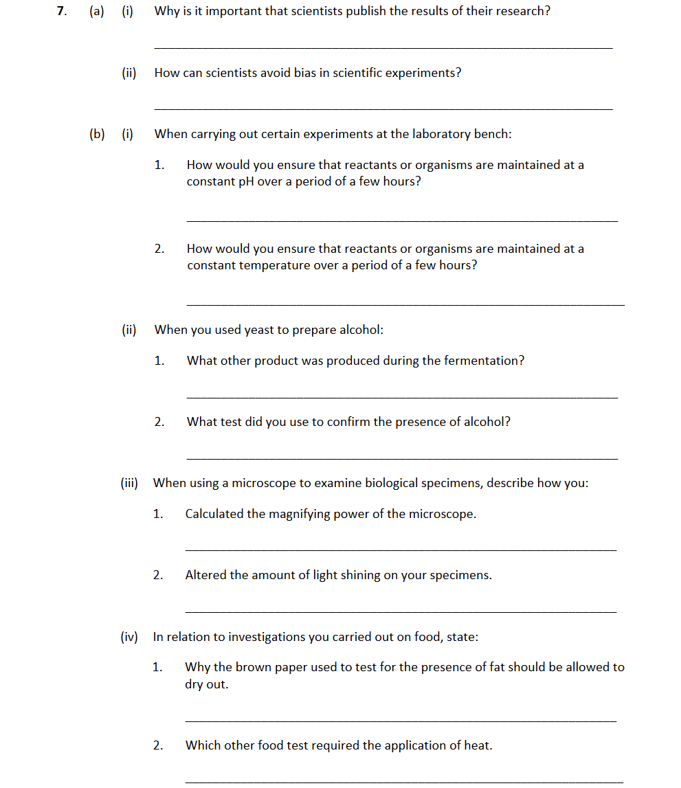 7.-(a)-(i)-Why-is-it-important-that-scientists-publish-the-results-of-their-research?---(ii)-How-can-scientists-avoid-bias-in-scientific-experiments?--(b)-(i)-When-carrying-out-certain-experiments-at-the-laboratory-bench:--1-Leaving Cert Biology-Question 7-2018.png