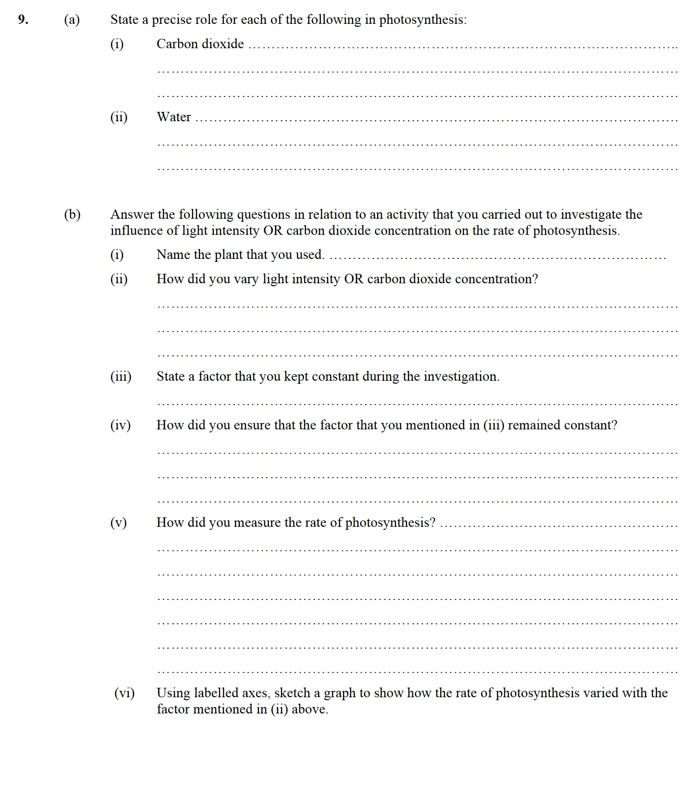 9.-(a)-State-a-precise-role-for-each-of-the-following-in-photosynthesis:-(i)-Carbon-dioxide--..........................................................................................................-Leaving Cert Biology-Question 9-2007.png