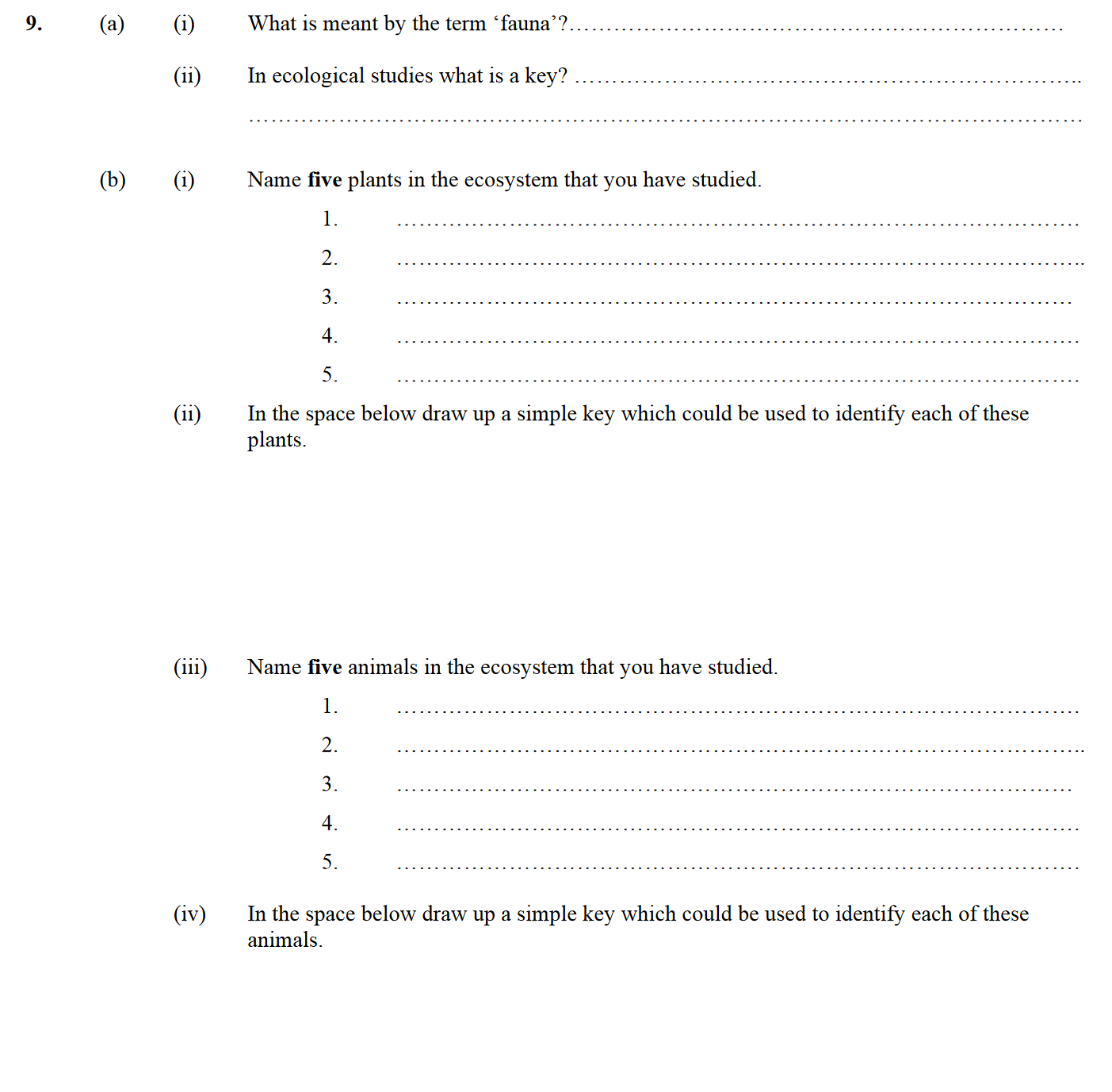 9.-(a)-(i)-What-is-meant-by-the-term-`fauna`?--(ii)-In-ecological-studies-what-is-a-key?--(b)-Name-five-plants-in-the-ecosystem-that-you-have-studied-Leaving Cert Biology-Question 9-2006.png