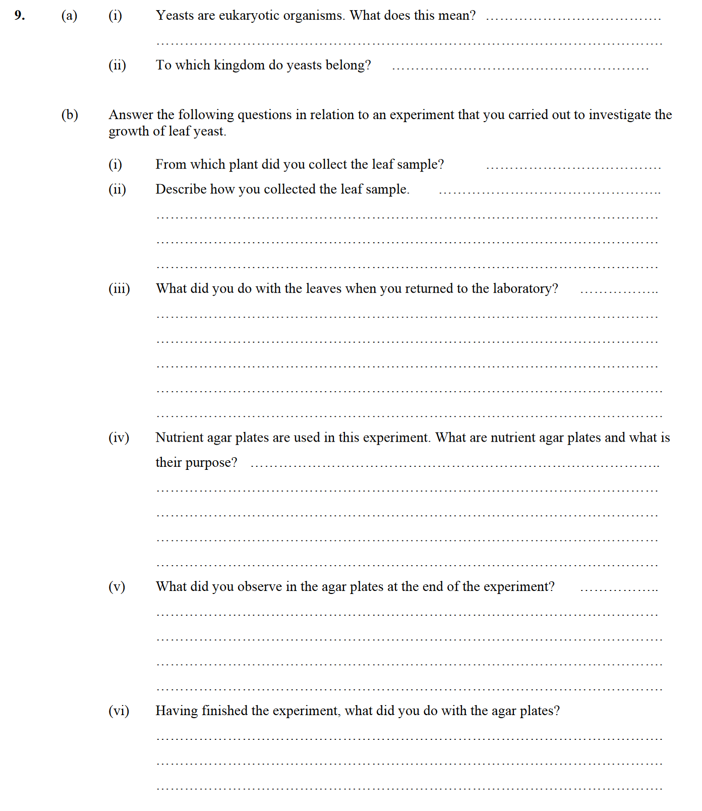 9.-(a)-(i)-Yeasts-are-eukaryotic-organisms-Leaving Cert Biology-Question 9-2005.png