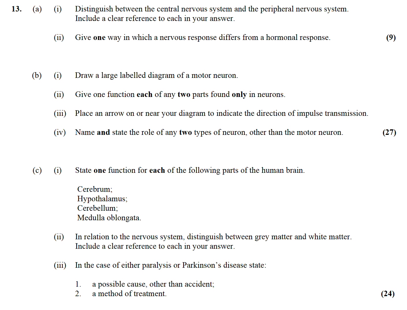 13.-(a)-(i)-Distinguish-between-the-central-nervous-system-and-the-peripheral-nervous-system-Leaving Cert Biology-Question 13-2010.png