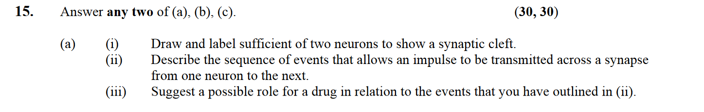 Draw-and-label-sufficient-of-two-neurons-to-show-a-synaptic-cleft-Leaving Cert Biology-Question 15-2004.png