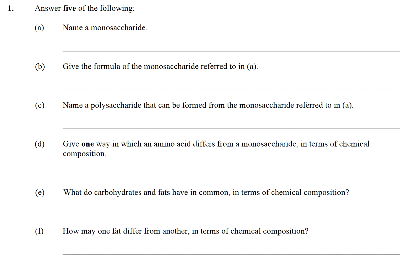 Answer-five-of-the-following:--(a)-Name-a-monosaccharide-Leaving Cert Biology-Question 1-2012.png