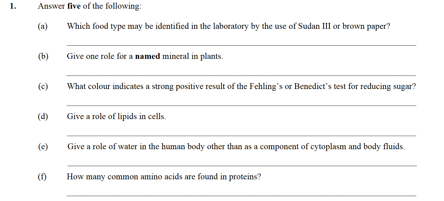 Answer-five-of-the-following:--(a)-Which-food-type-may-be-identified-in-the-laboratory-by-the-use-of-Sudan-III-or-brown-paper?--(b)-Give-one-role-for-a-named-mineral-in-plants-Leaving Cert Biology-Question 1-2011.png
