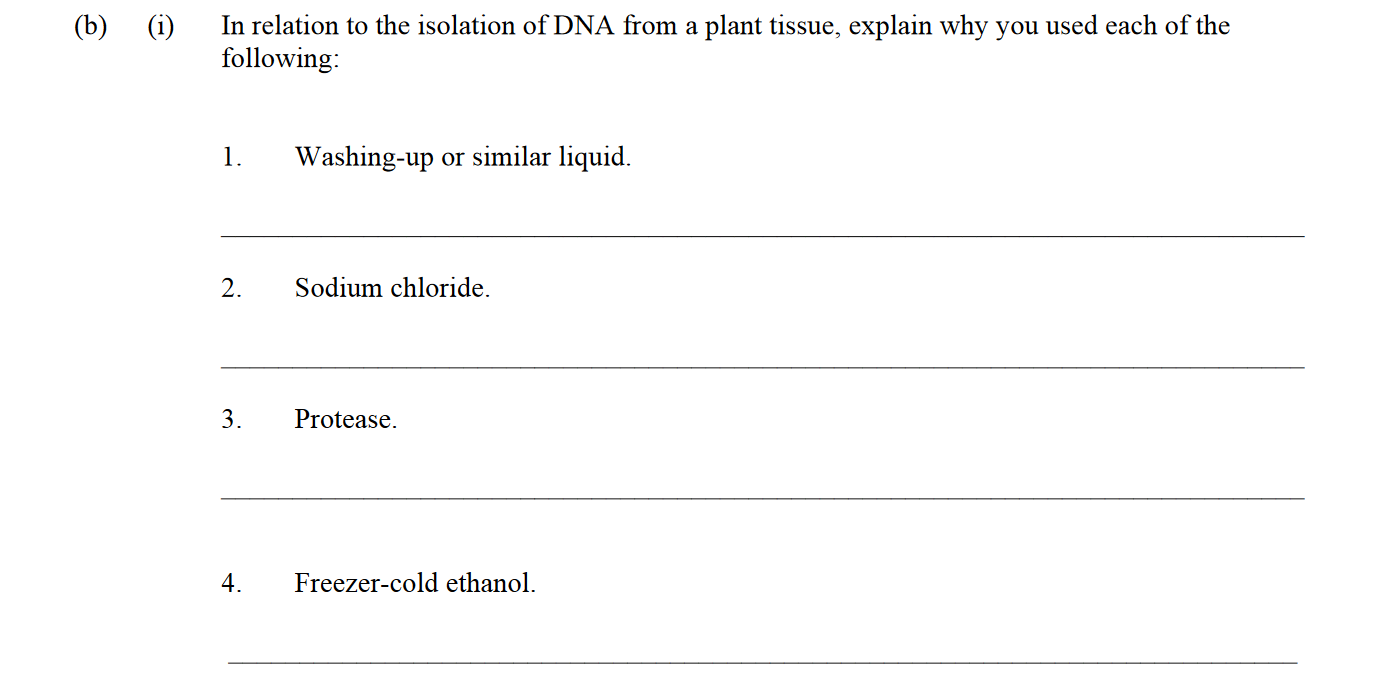 In-relation-to-the-isolation-of-DNA-from-a-plant-tissue,-explain-why-you-used-each-of-the-following:--1-Leaving Cert Biology-Question 7(b)(i)-2015.png