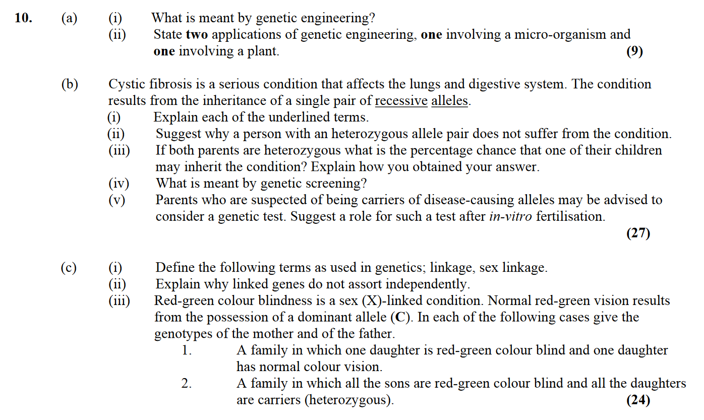 10.-(a)-(i)-What-is-meant-by-genetic-engineering?-(ii)-State-two-applications-of-genetic-engineering,-one-involving-a-micro-organism-and-one-involving-a-plant-Leaving Cert Biology-Question 10-2005.png