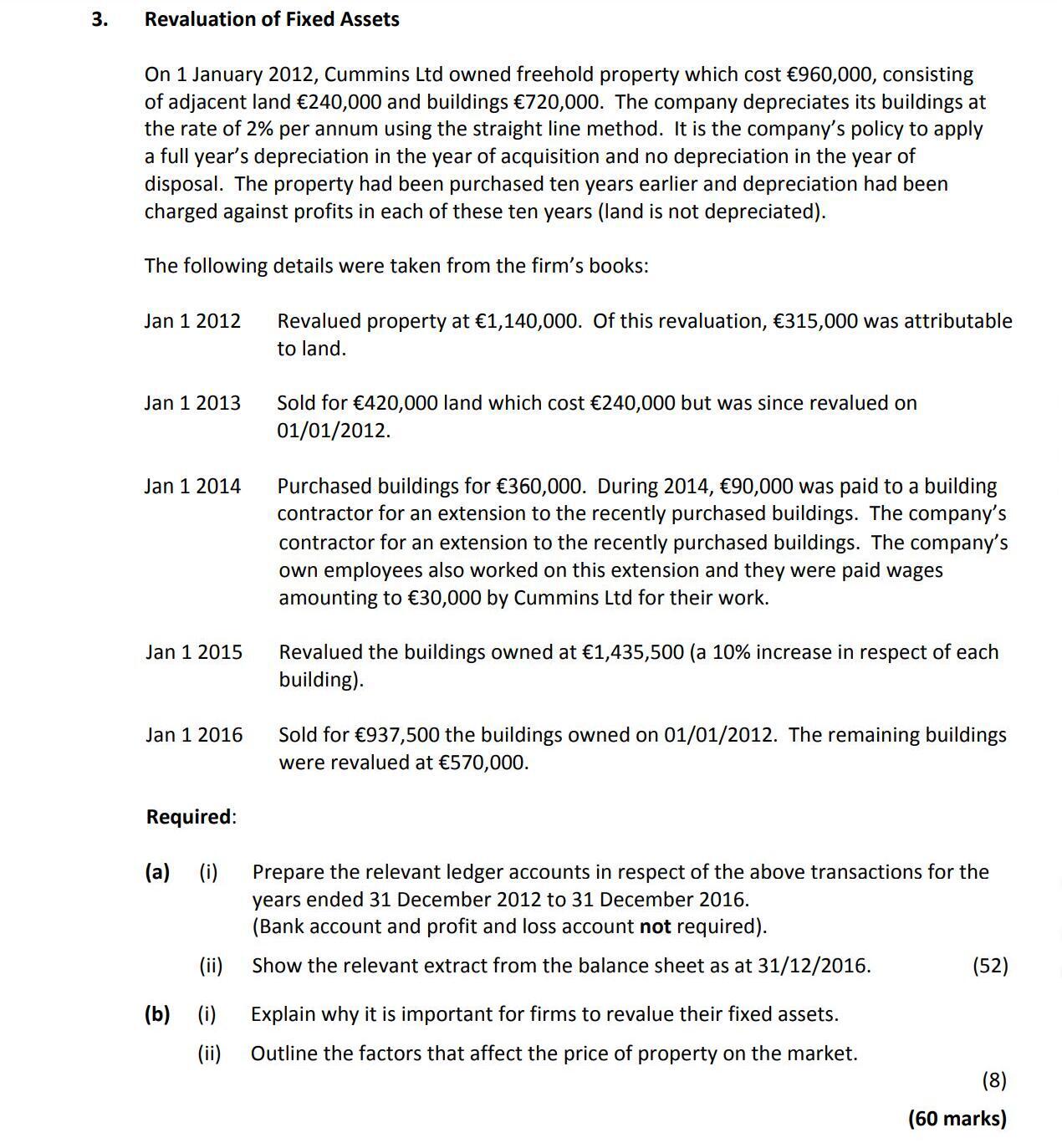 Revaluation-of-Fixed-Assets--On-1-January-2012,-Cummins-Ltd-owned-freehold-property-which-cost-€960,000,-consisting-of-adjacent-land-€240,000-and-buildings-€720,000-Leaving Cert Accounting-Question 3-2017.png