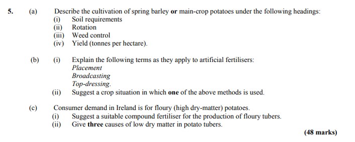 Describe-the-cultivation-of-spring-barley-or-main-crop-potatoes-under-the-following-headings:--(i)-Soil-requirements--(ii)-Rotation--(iii)-Weed-control--(iv)-Yield-(tonnes-per-hectare)-Leaving Cert Agricultural Science-Question 5-2009.png