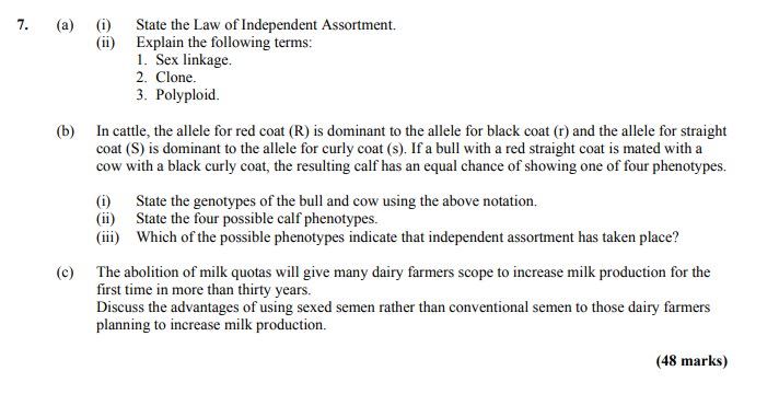 7.-(i)-State-the-Law-of-Independent-Assortment-Leaving Cert Agricultural Science-Question 7-2015.png