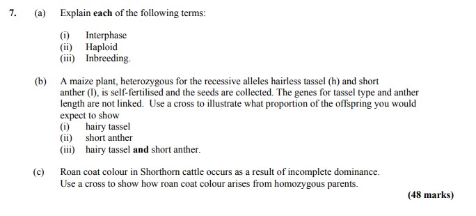 Explain-each-of-the-following-terms:--(i)-Interphase:--(ii)-Haploid:--(iii)-Inbreeding:--(b)-A-maize-plant,-heterozygous-for-the-recessive-alleles-hairless-tassel-(h)-and-short-anther-(l),-is-self-fertilised-and-the-seeds-are-collected-Leaving Cert Agricultural Science-Question 7-2011.png
