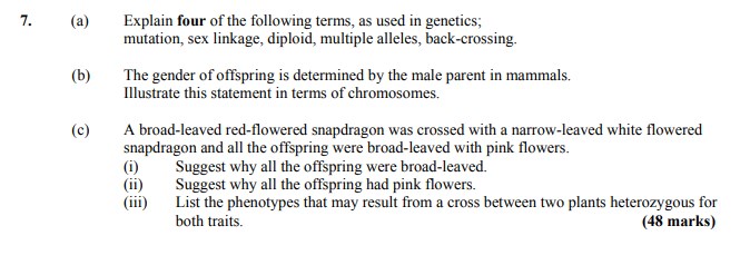 7.-(a)-Explain-four-of-the-following-terms,-as-used-in-genetics;-mutation,-sex-linkage,-diploid,-multiple-alleles,-back-crossing-Leaving Cert Agricultural Science-Question 7-2008.png