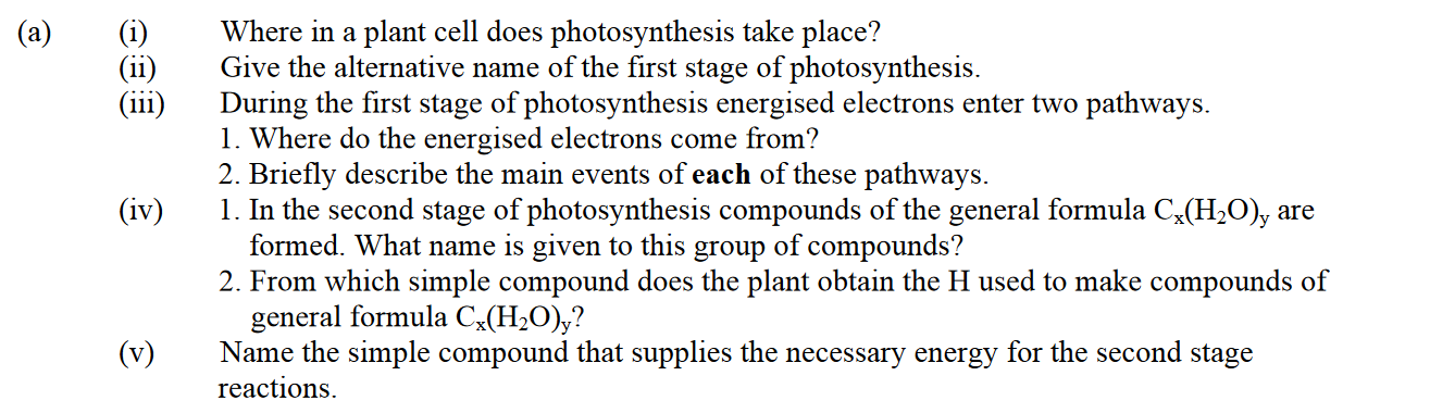 Where-in-a-plant-cell-does-photosynthesis-take-place?--Give-the-alternative-name-of-the-first-stage-of-photosynthesis-Leaving Cert Biology-Question 14(a)-2010.png
