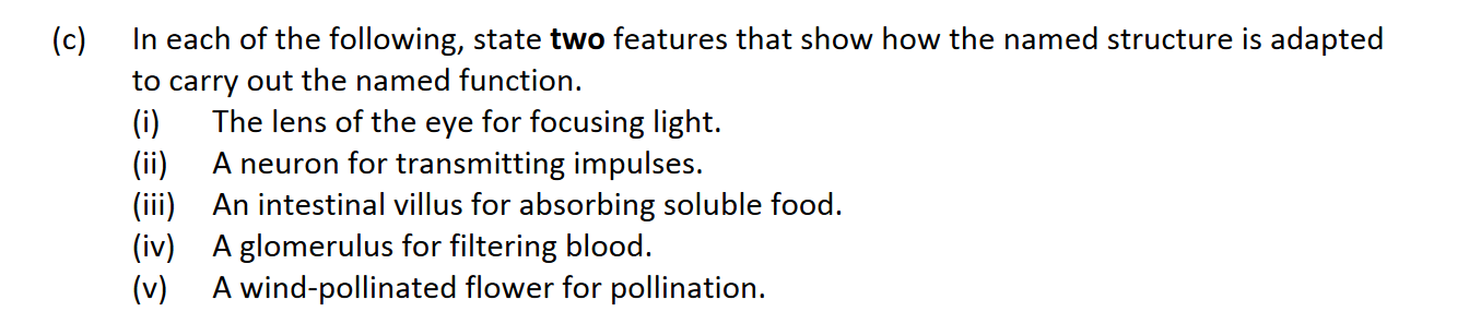 In-each-of-the-following,-state-two-features-that-show-how-the-named-structure-is-adapted-to-carry-out-the-named-function-Leaving Cert Biology-Question c-2017.png