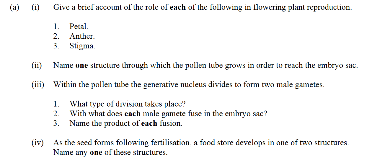Give-a-brief-account-of-the-role-of-each-of-the-following-in-flowering-plant-reproduction-Leaving Cert Biology-Question 14-2012.png