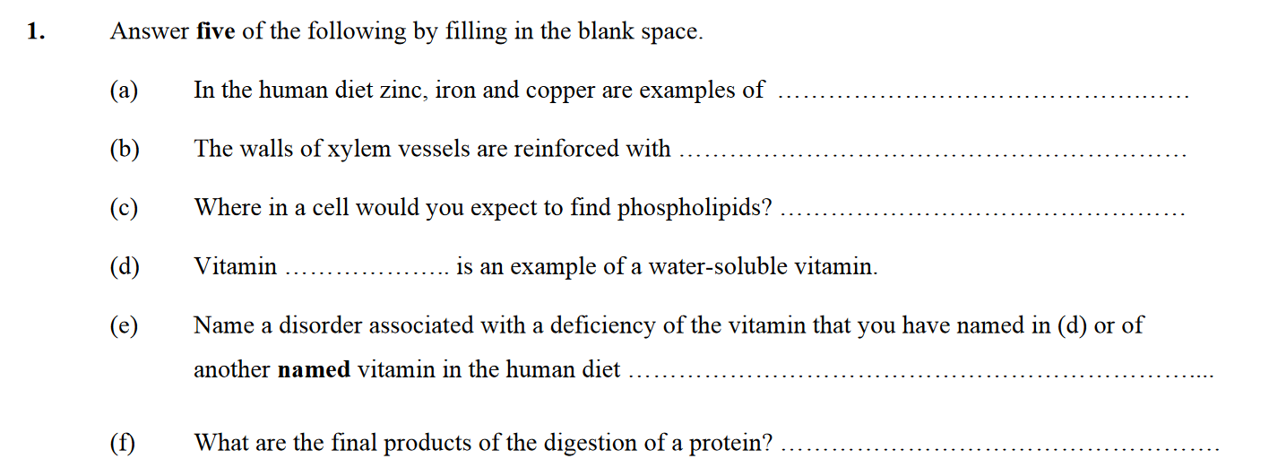 Answer-five-of-the-following-by-filling-in-the-blank-space-Leaving Cert Biology-Question 1-2006.png